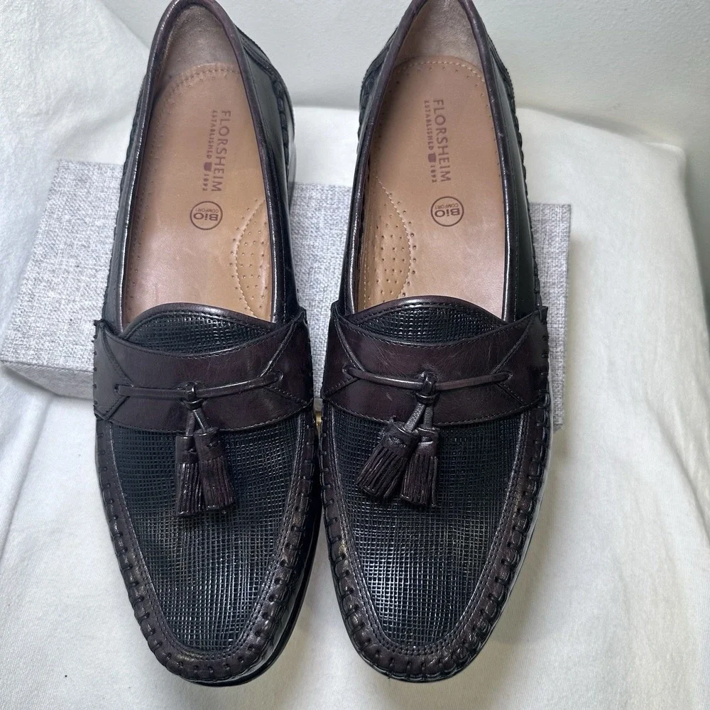 Mens FLORSHEIM Sz 10 Bio Comfort Brown Woven Texture Tasel Loafer Slip On Office